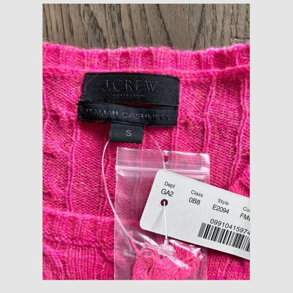 J. Crew Italian Cashmere Cable Knit Crewneck Sweater Size S Pink Button NWT
